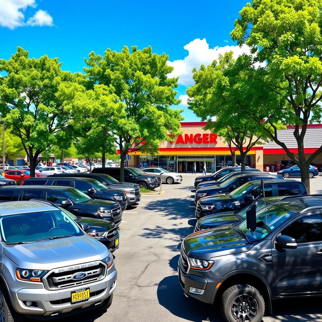 A vibrant grocery store parking lot bustling with activity, filled with a variety of Ford Ranger trucks parked in neat rows