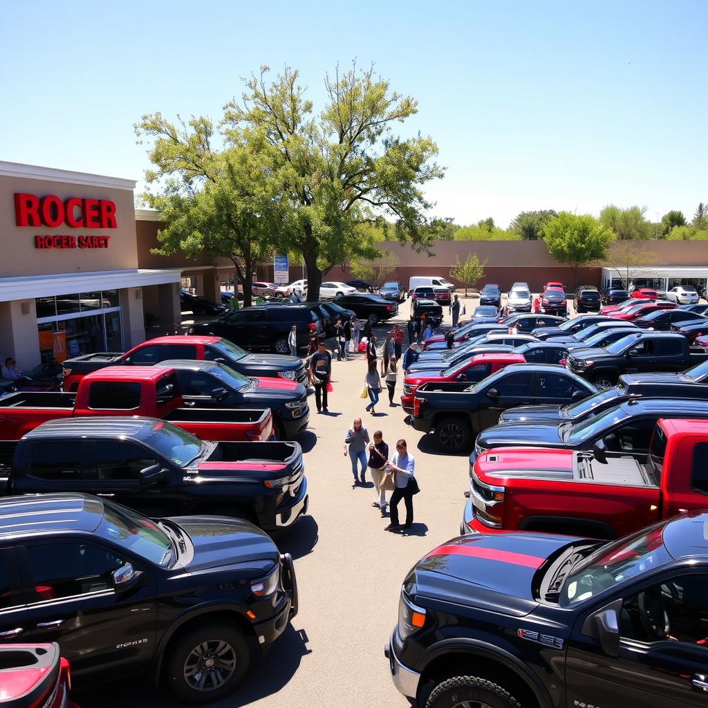 A bustling grocery store parking lot filled with a variety of pickup trucks parked haphazardly