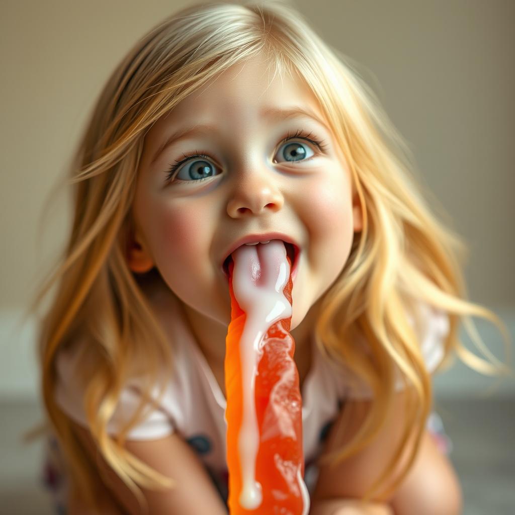 A close-up of a cute blonde girl kneeling and looking up with a playful expression