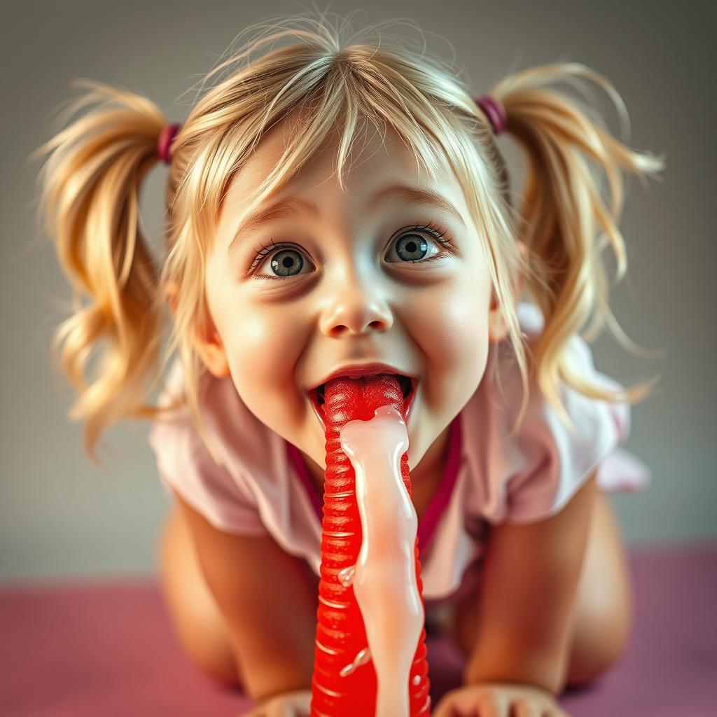 A close-up of a cute blonde girl with pigtails kneeling and looking up with a playful expression