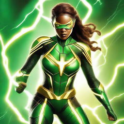 A realistic depiction of a light brown-skinned female in a green and black MCU-style technological superhero costume, complete with yellow lightning lines and details suggesting her electrical abilities. Features yellow lightning-like eyes on a white background.