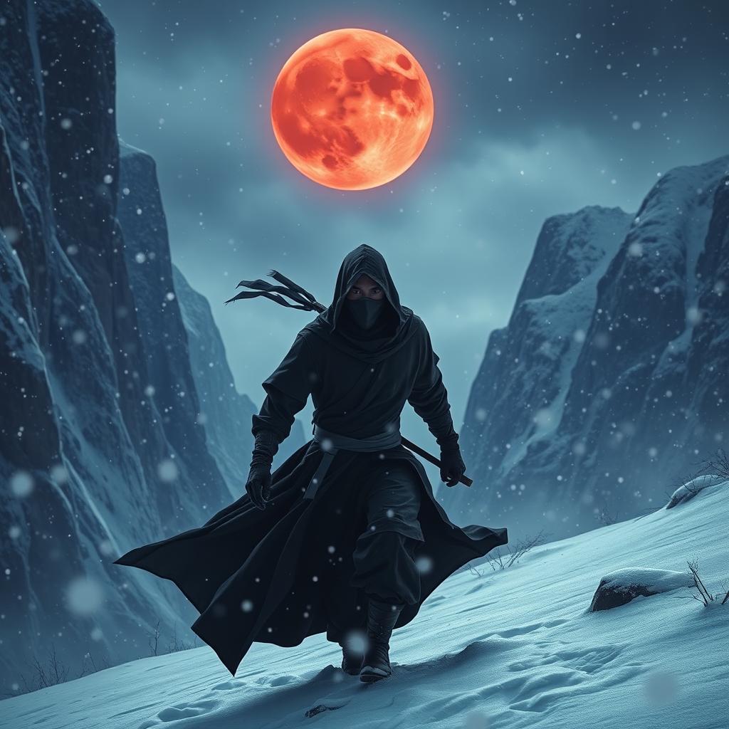 A solitary male ninja clad in dark, flowing attire, stealthily navigating through snow-covered mountains during a fierce snowstorm at night