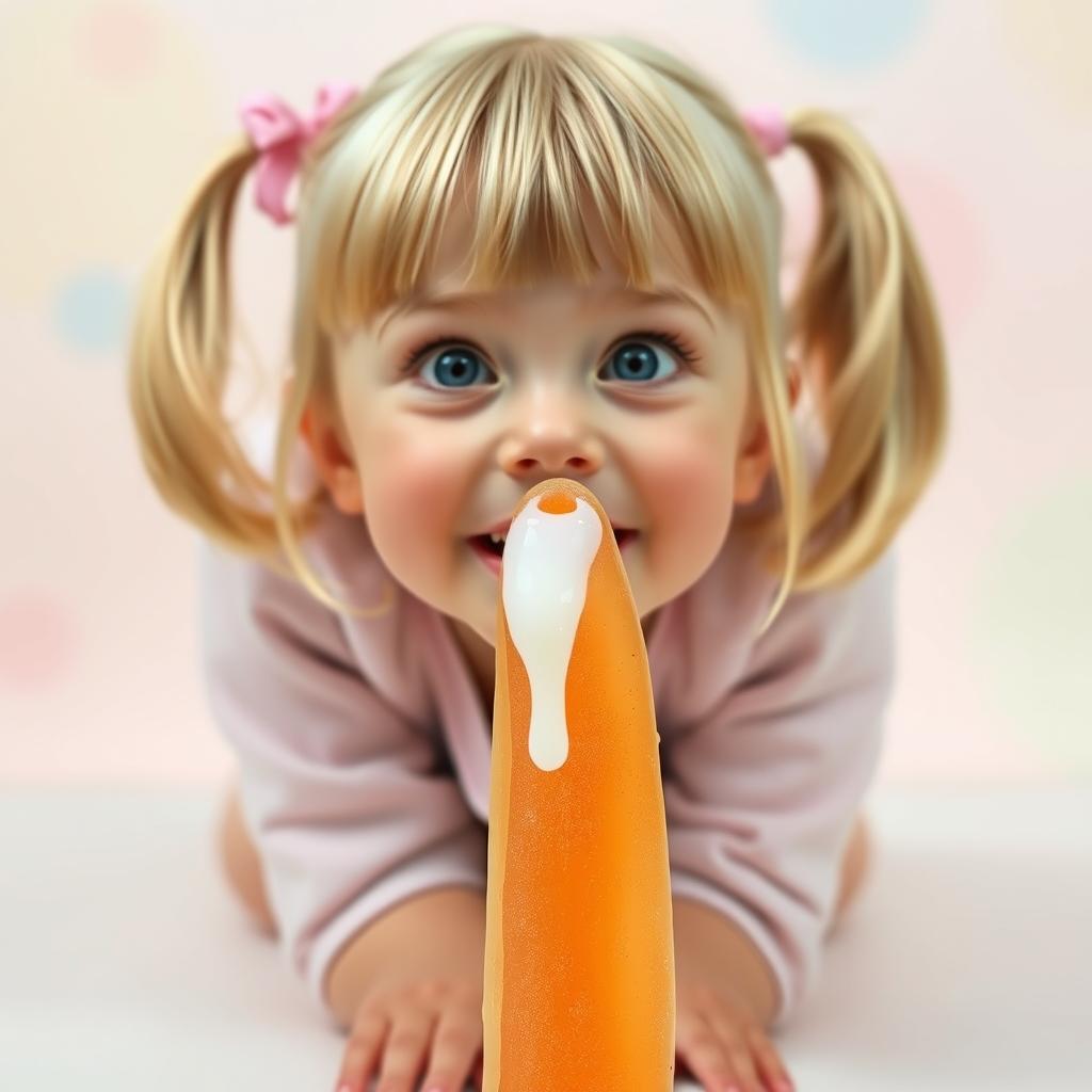 A close-up of a cute blonde girl with pigtails kneeling and looking up with an innocent smile