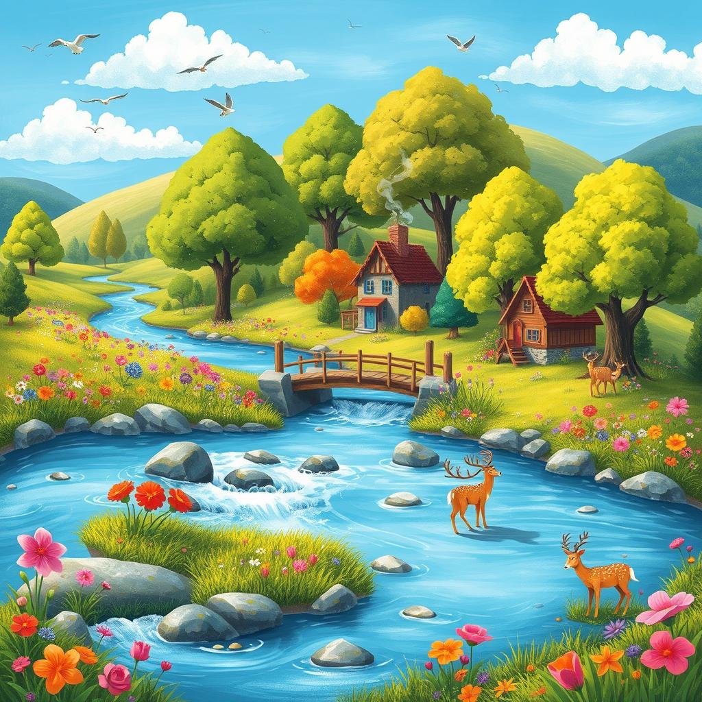 A vibrant and whimsical illustration of a serene landscape featuring a flowing river, colorful flowers, and lush green trees under a bright blue sky