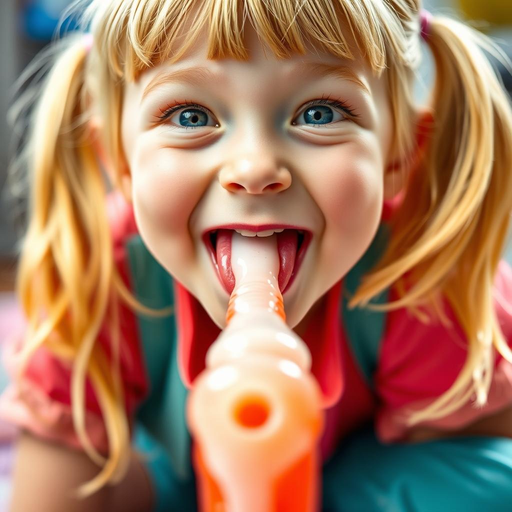 A close-up of a cute blonde girl with pigtails kneeling and looking up with a joyful expression