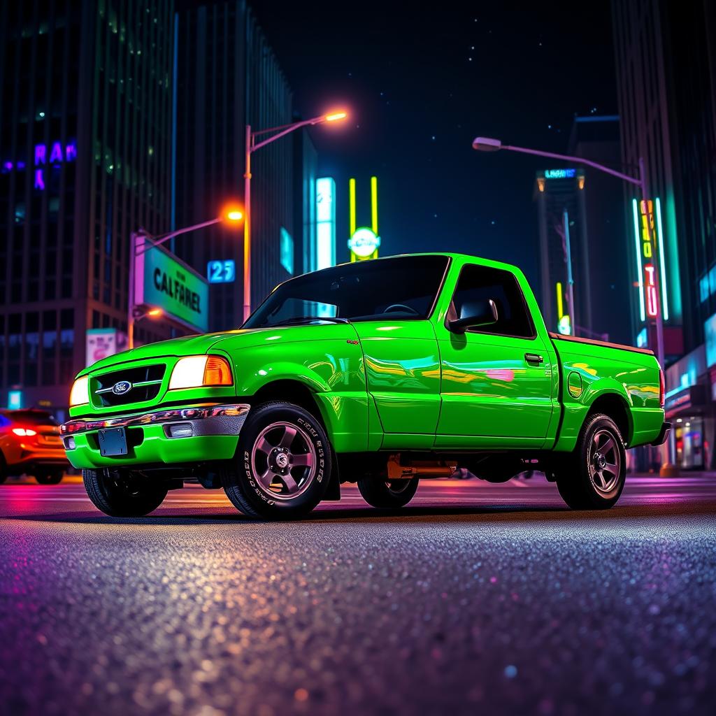 Neon Green 2000 Ford Ranger: A Nighttime Urban Showcase