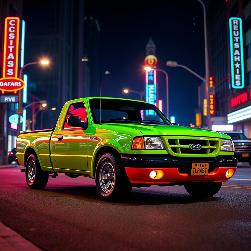 A vibrant neon green 2000 Ford Ranger parked on a city street at night, glowing under colorful neon lights