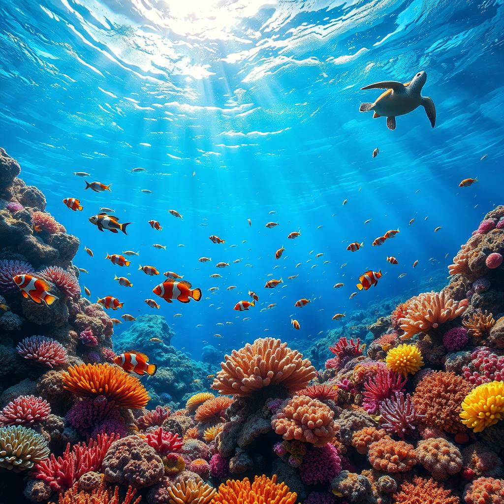 A stunning underwater scene depicting a vibrant coral reef, filled with an array of colorful corals, schools of tropical fish, and crystal-clear blue water