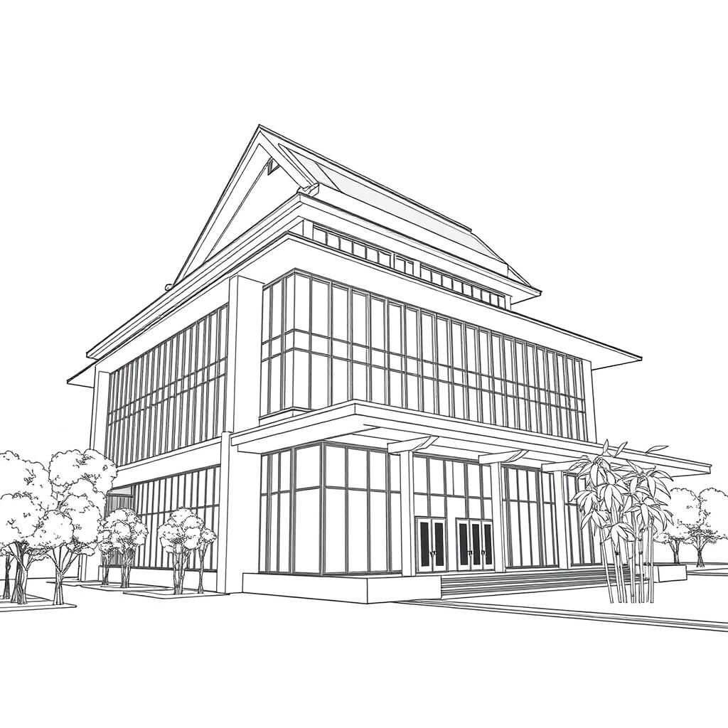 A large modern building designed in Japanese architectural style, featuring clean lines and traditional elements such as wooden frameworks and sliding shoji screens