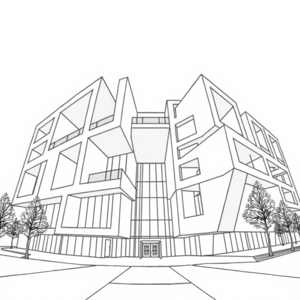 A modern architectural drawing of a large building showcasing an intricate design with various cubic forms, featuring both open and closed shapes throughout the structure