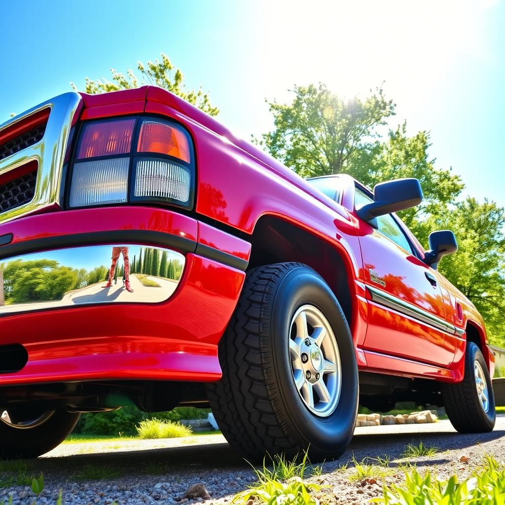 A vibrant red 1998 Dodge Ram pickup truck parked in a scenic outdoor location