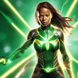 A realistic depiction of a light brown-skinned female in a green and black MCU-style technological superhero costume, complete with yellow lightning lines and details suggesting her electrical abilities. Features yellow lightning-like eyes on a white background.