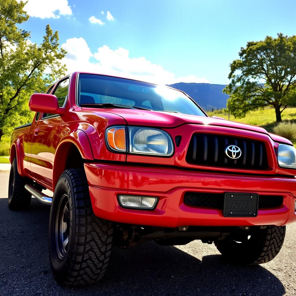 A vibrant red 2003 Toyota Tacoma parked in a scenic outdoor environment