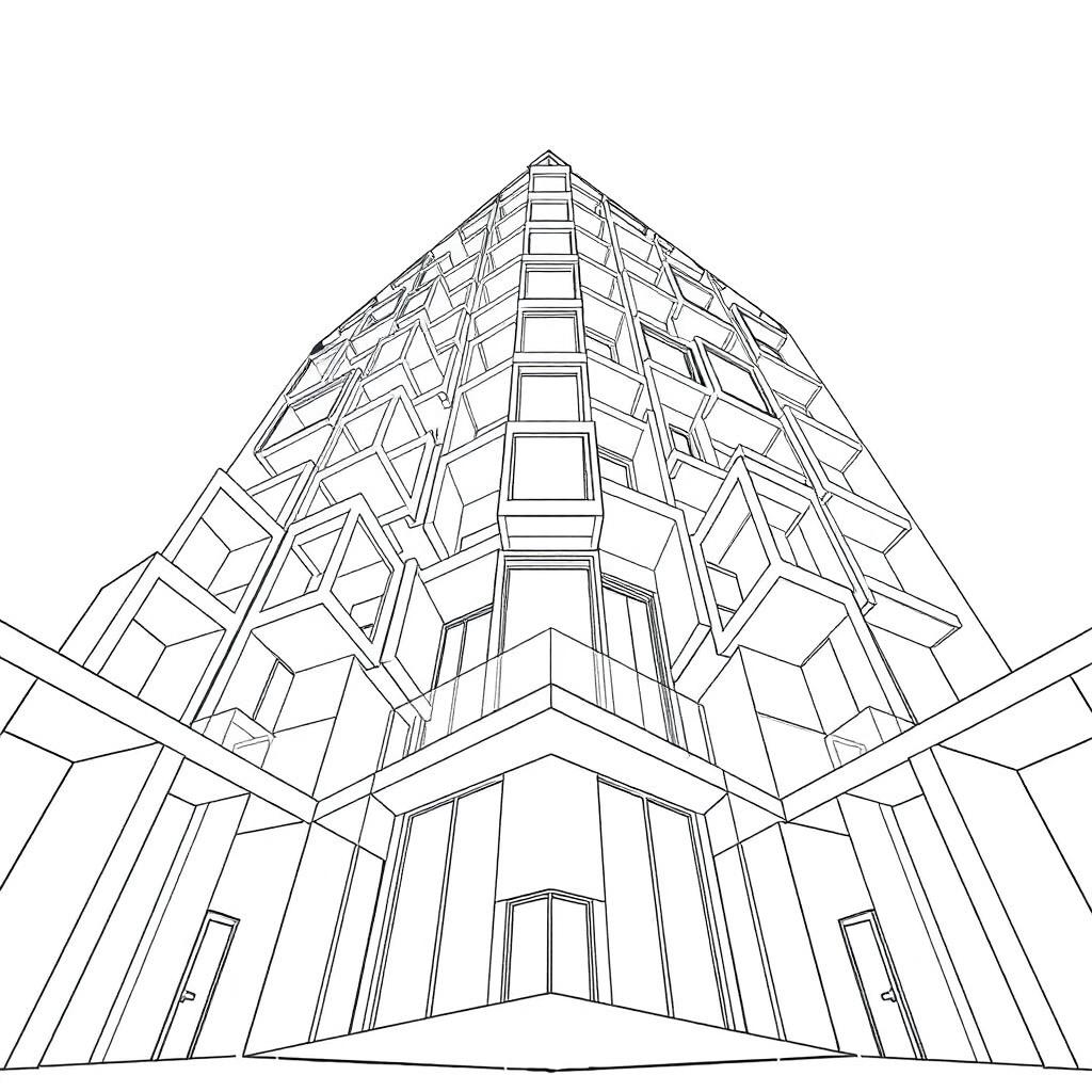 A modern architectural design featuring a large building constructed from an array of cubic shapes, incorporating both open and closed elements