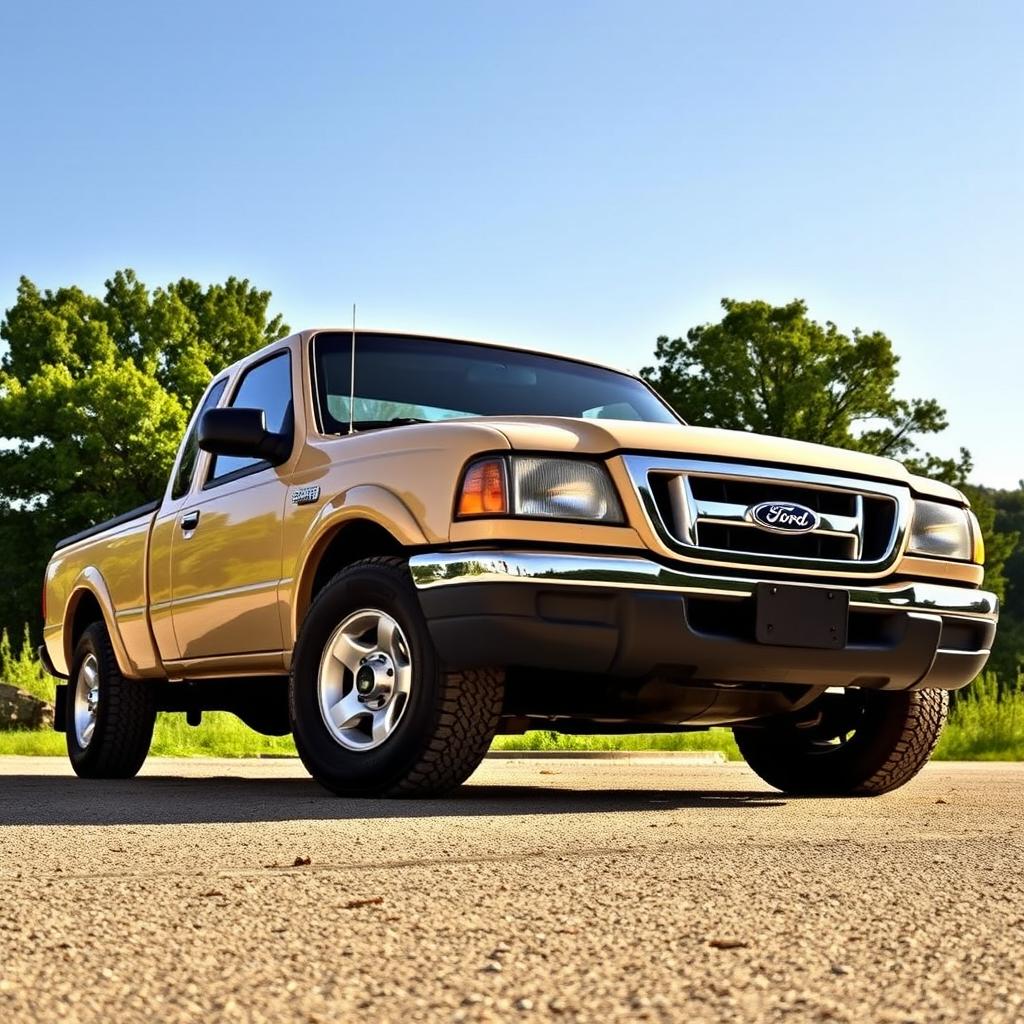 A beige 2003 Ford Ranger parked in a scenic outdoor location, showcasing its rugged design and sturdy build