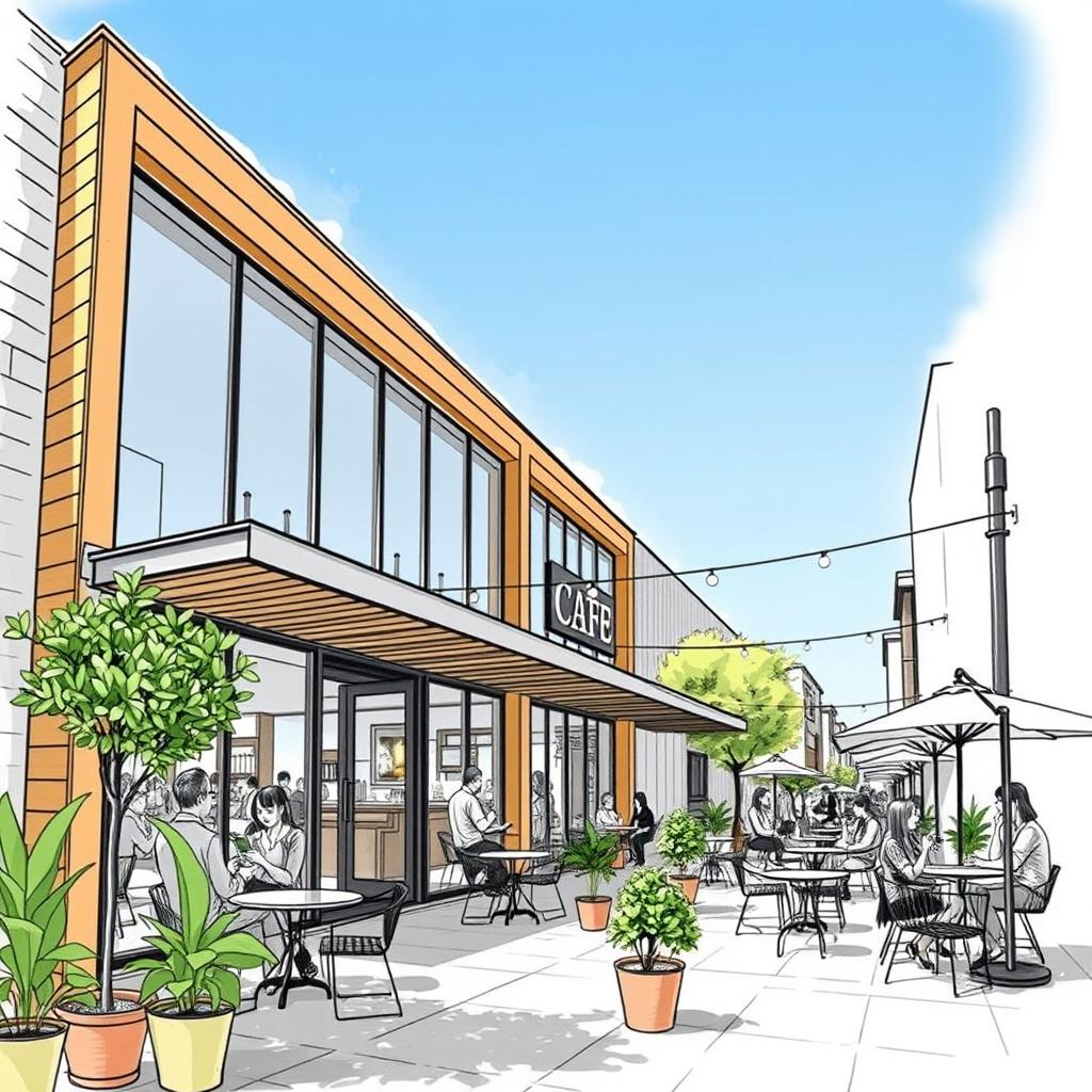 A beautifully detailed urban cafe architecture sketch, showcasing a modern design with large glass windows, wooden accents, and a welcoming entrance
