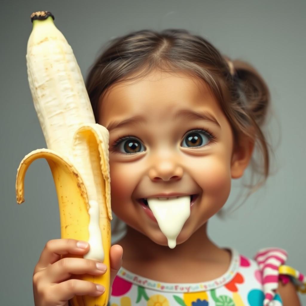 A cute girl with a cheerful expression and her mouth open, looking playfully at a large banana pointed towards her face