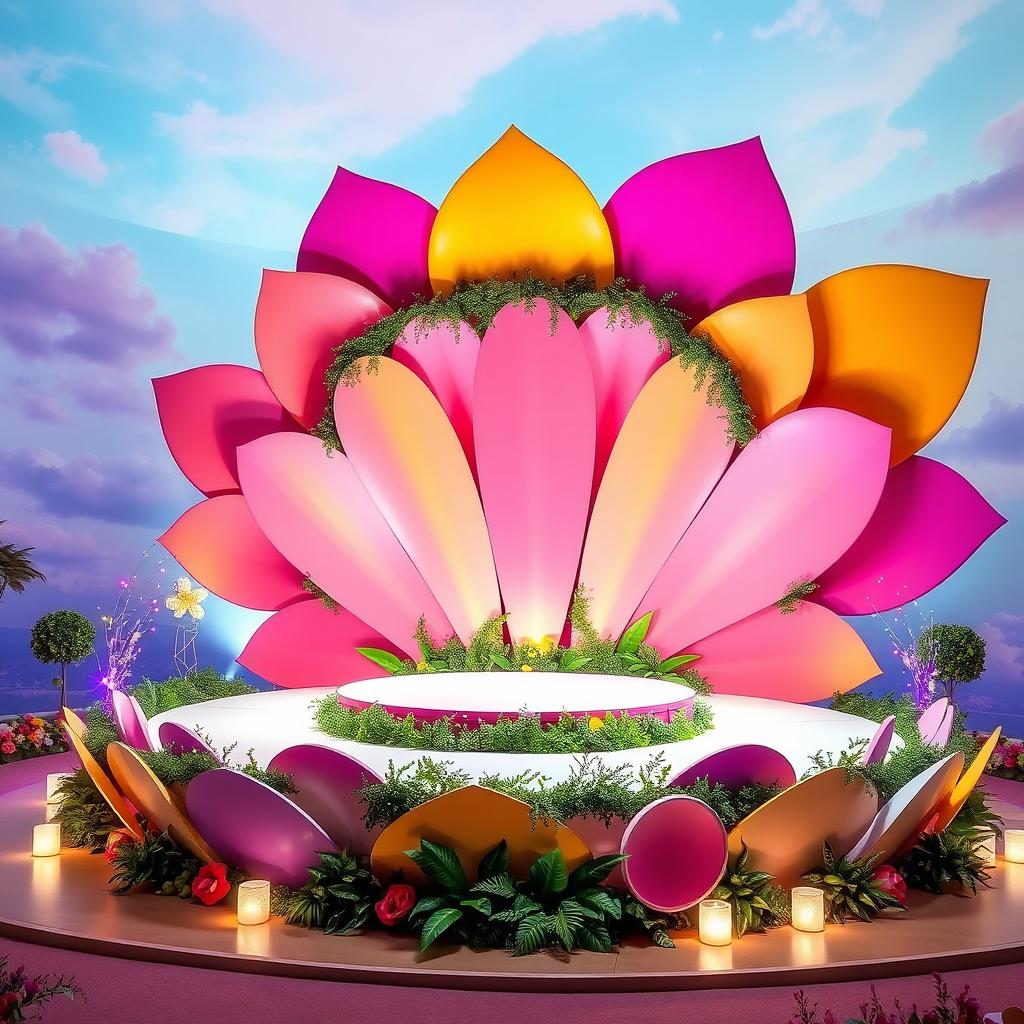 A stunning stage design shaped like a blooming flower, featuring vibrant petals in various colors like pink, yellow, and purple