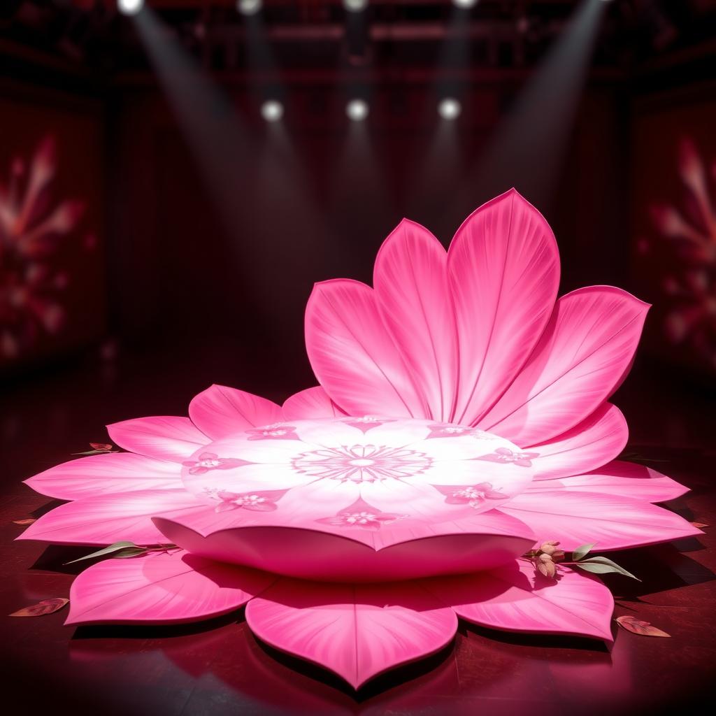 A stunning stage design shaped like half a flower, with the flooring of the stage mimicking the petals of a vibrant pink flower