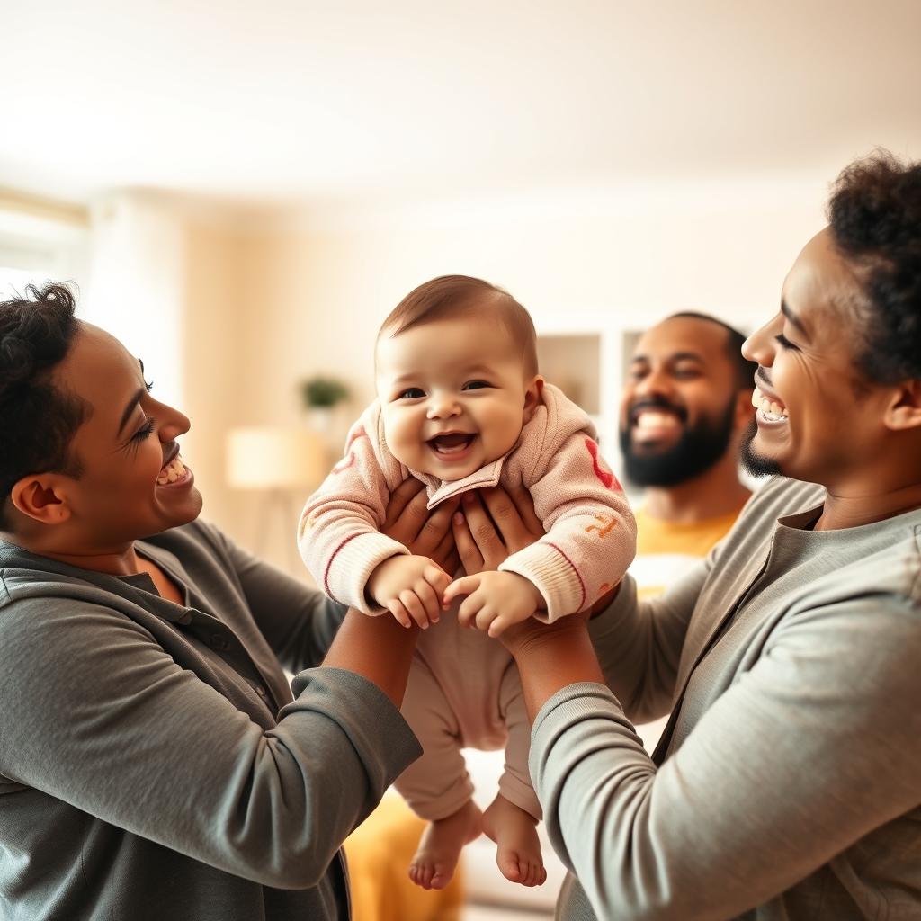 Three adults uplifting a smiling baby in a joyful family moment