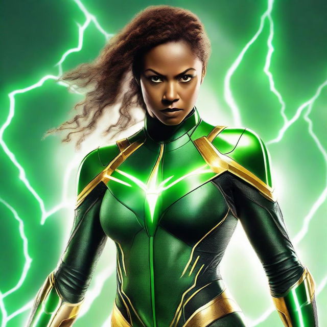 A realistic depiction of a light brown-skinned female in a green and black MCU-style technological superhero costume, complete with yellow lightning lines and details suggesting her electrical abilities. Features yellow lightning-like eyes on a white background.