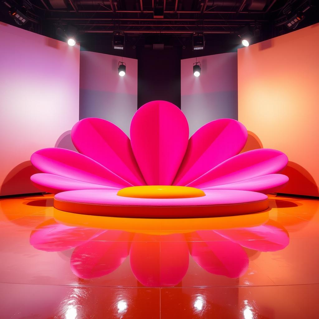 A vibrant stage designed as half of a flower with three petals, where the flooring is visually shaped to resemble the petals of a pink flower, each petal spreading outwards from a central orange middle