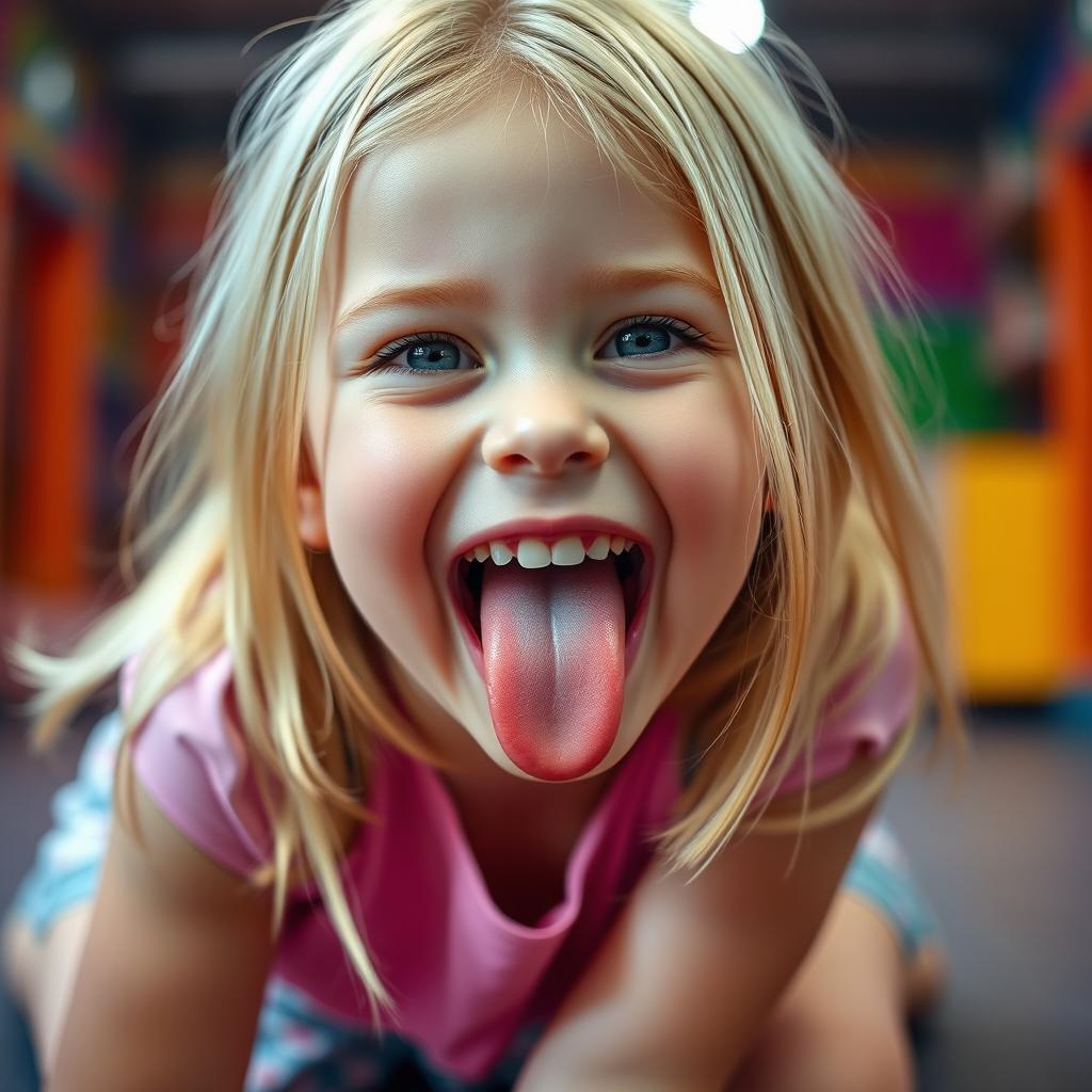 A cute blonde girl kneeling with her mouth open in a close-up shot, her tongue playfully sticking out