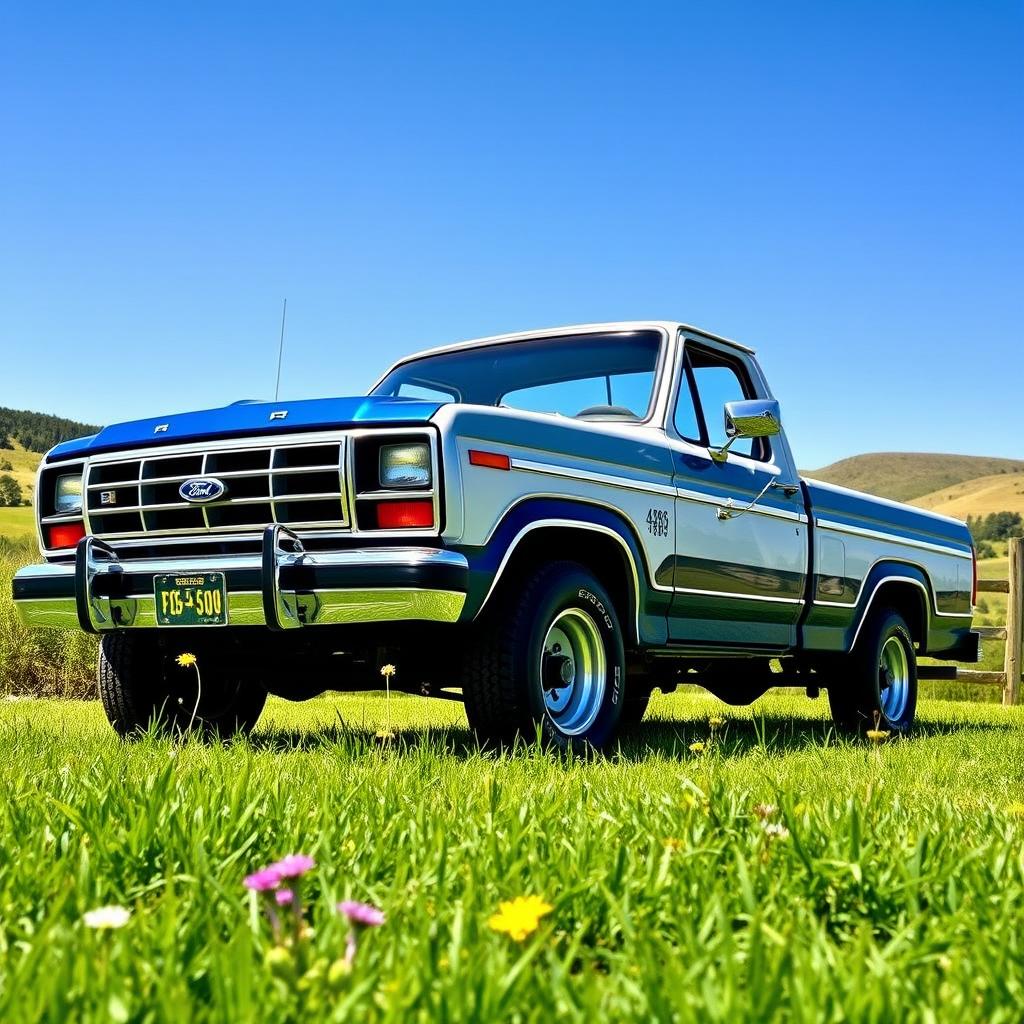 A classic 1985 blue and white Ford Ranger pickup truck, parked in a scenic rural environment