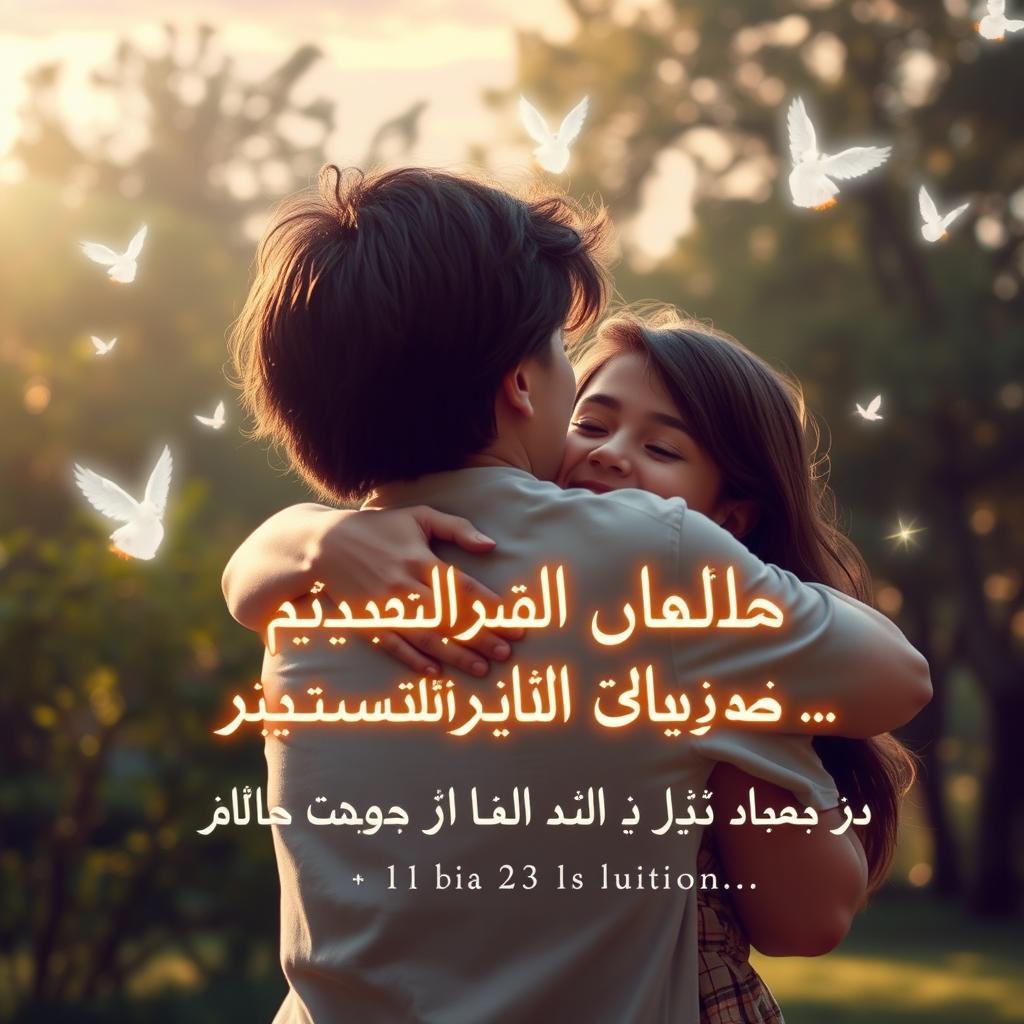 A beautiful and serene image depicting an emotional reunion, set in a peaceful outdoor environment
