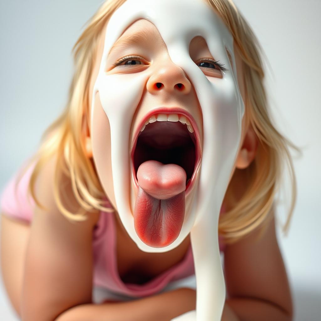 A cute blonde girl kneeling with her mouth open in a close-up shot, her tongue playfully sticking out