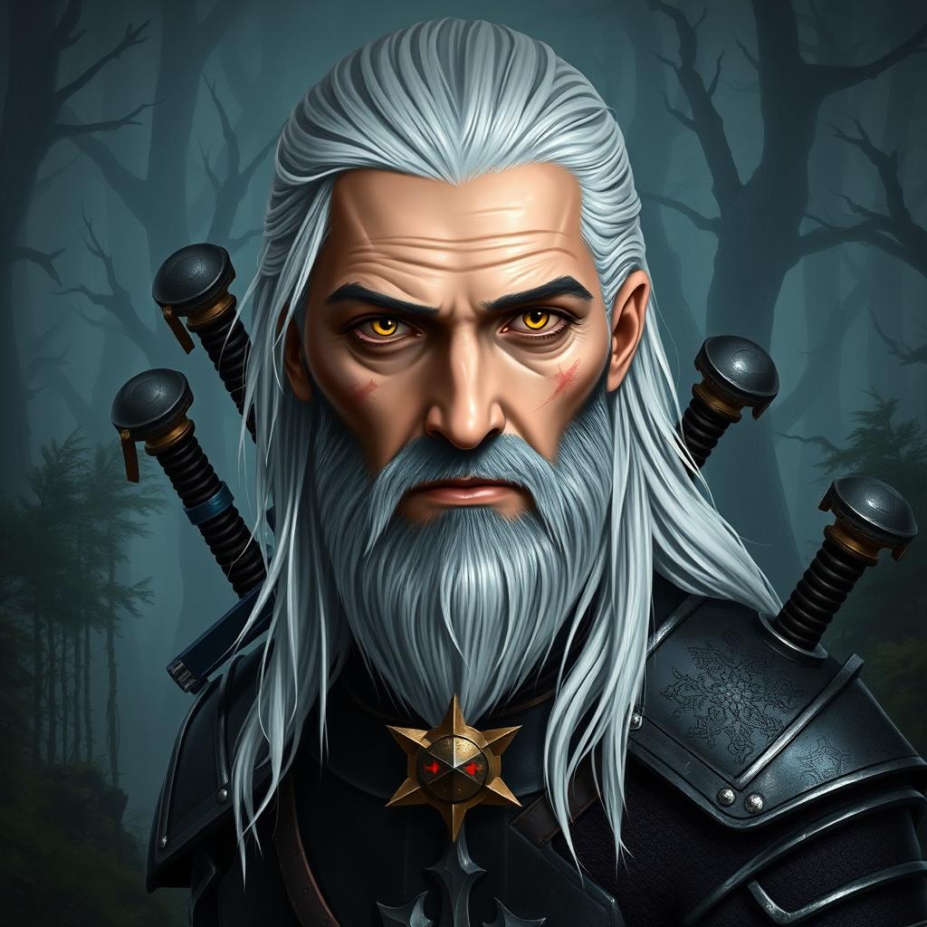 A half-face portrait inspired by Geralt of Rivia, with one side featuring Geralt's signature scar and the other half showing a person's face with long white/gray hair and yellow eyes