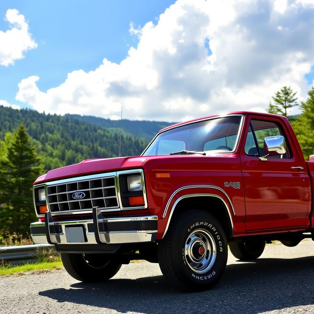 A classic 1985 Ford Ranger pickup truck parked on a scenic mountain road