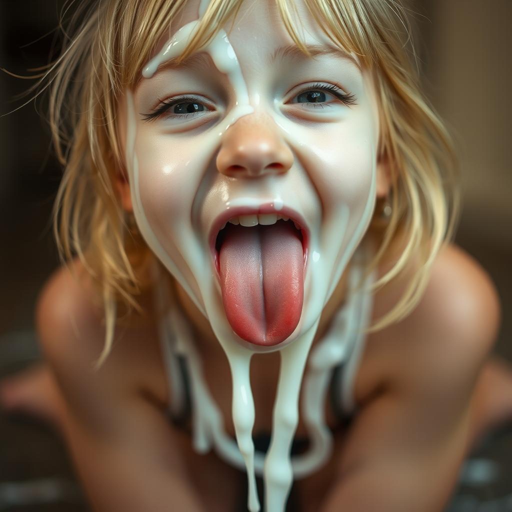 A cute blonde girl kneeling with her mouth open in a close-up shot, her eyes crossed and her tongue playfully sticking out