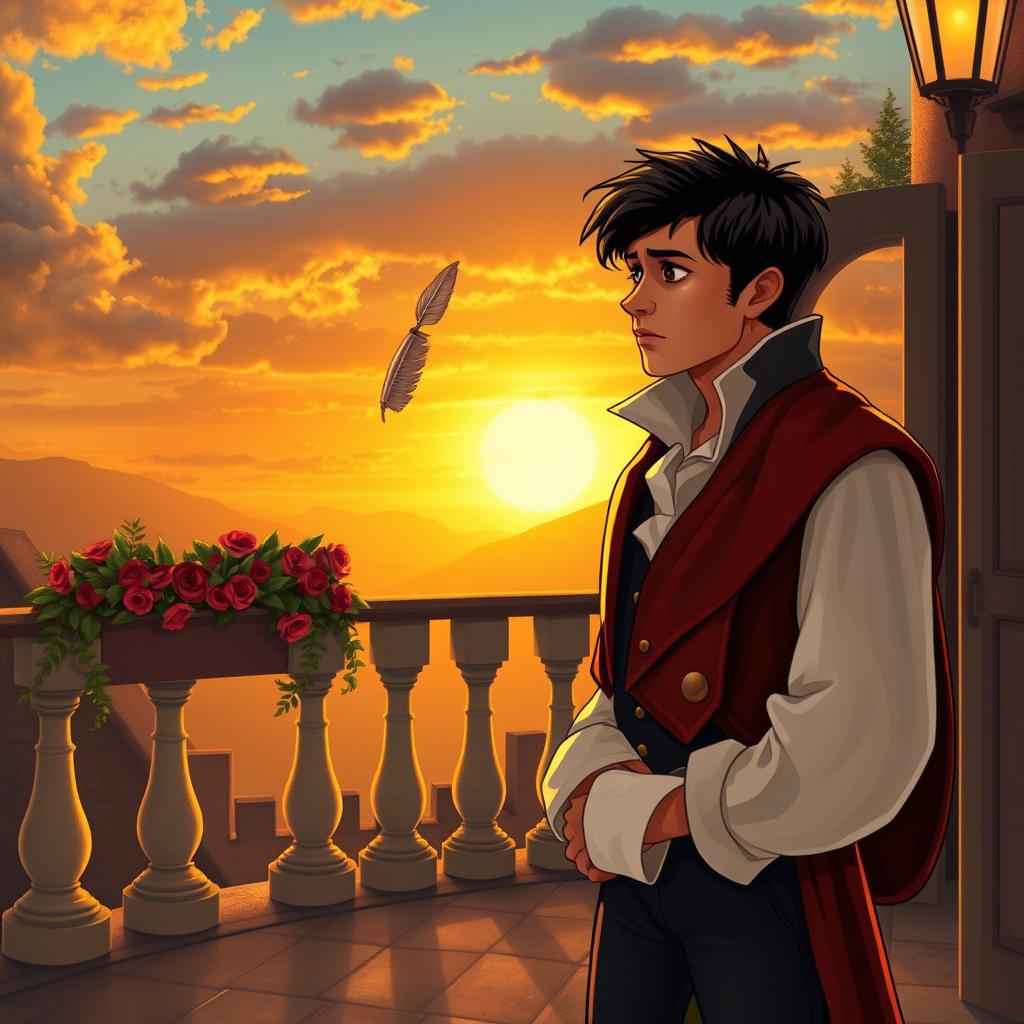 A whimsical scene featuring a late messenger dramatically arriving at a romantic setting with a majestic sunset in the background