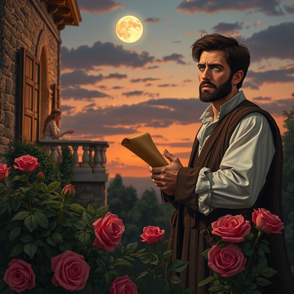 A scene depicting a late messenger arriving dramatically at a romantic setting, reminiscent of Shakespeare's 'Romeo and Juliet'