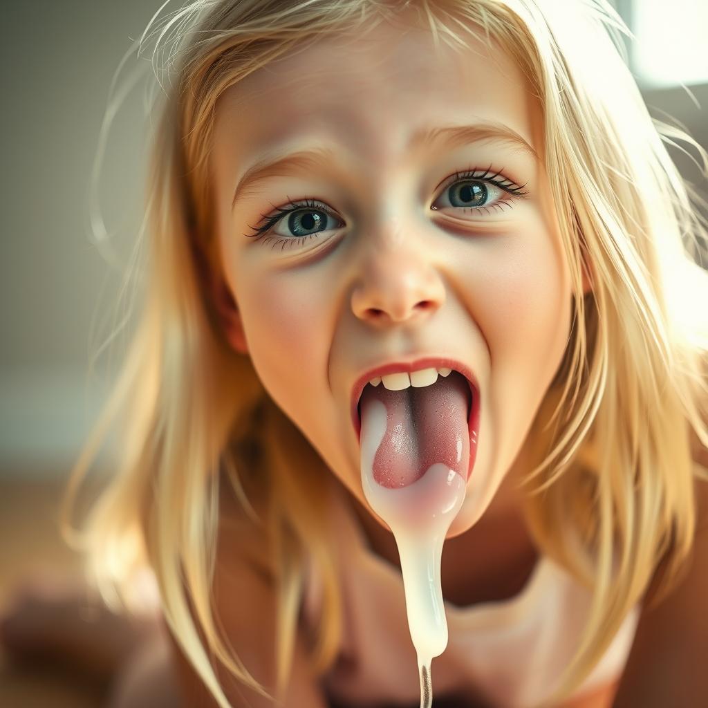 A cute blonde girl kneeling with her mouth open in a close-up shot, her eyes crossed and her tongue playfully sticking out