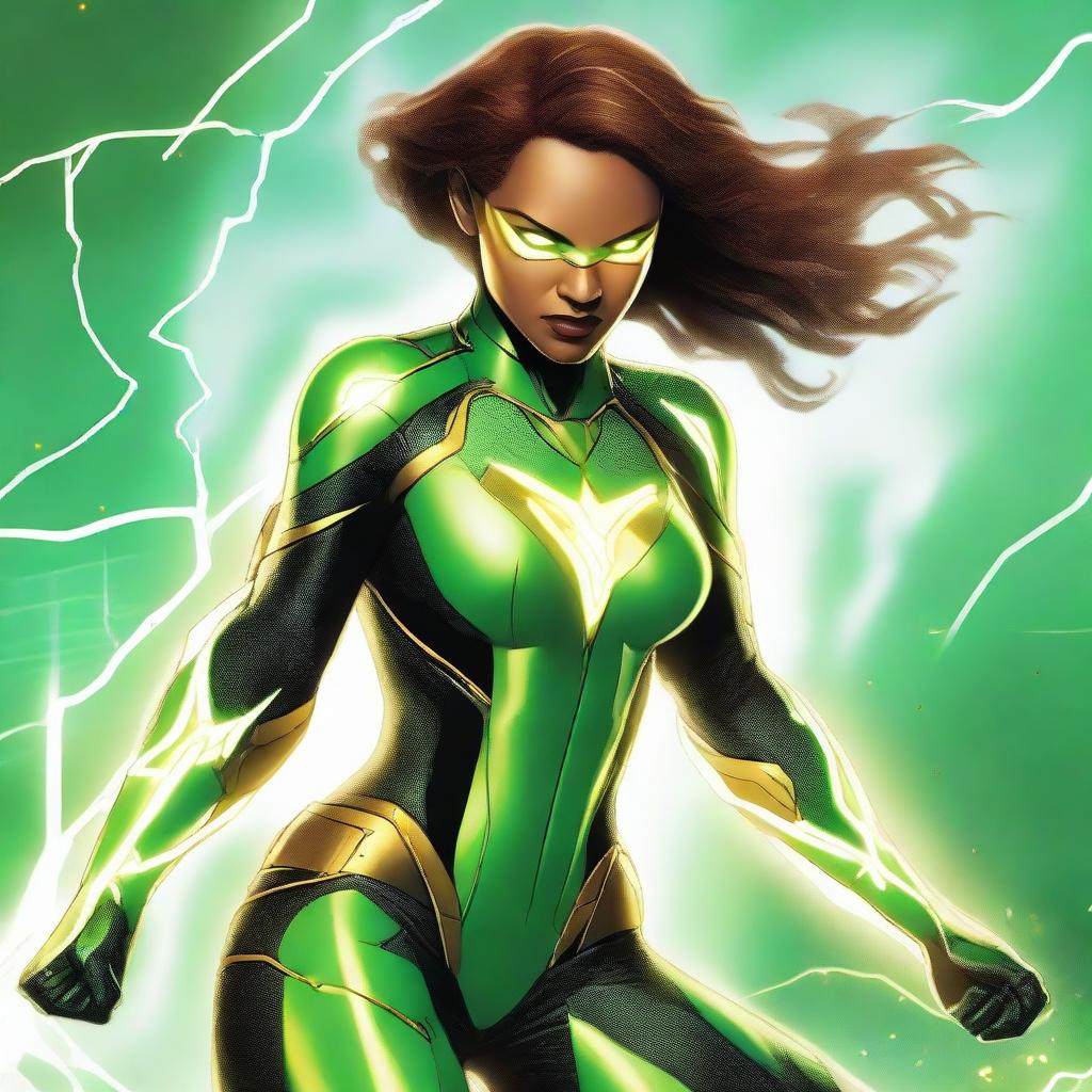 A realistic depiction of a light brown-skinned female in a green and black MCU-style technological superhero costume, complete with yellow lightning lines and details suggesting her electrical abilities. Features yellow lightning-like eyes on a white background.