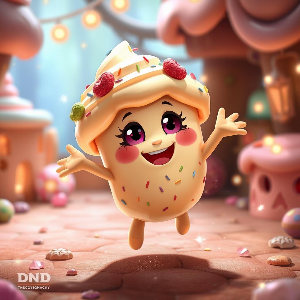 An enchanting animated creature called a 'Sweetling', resembling a whimsical pastry with cartoonish features