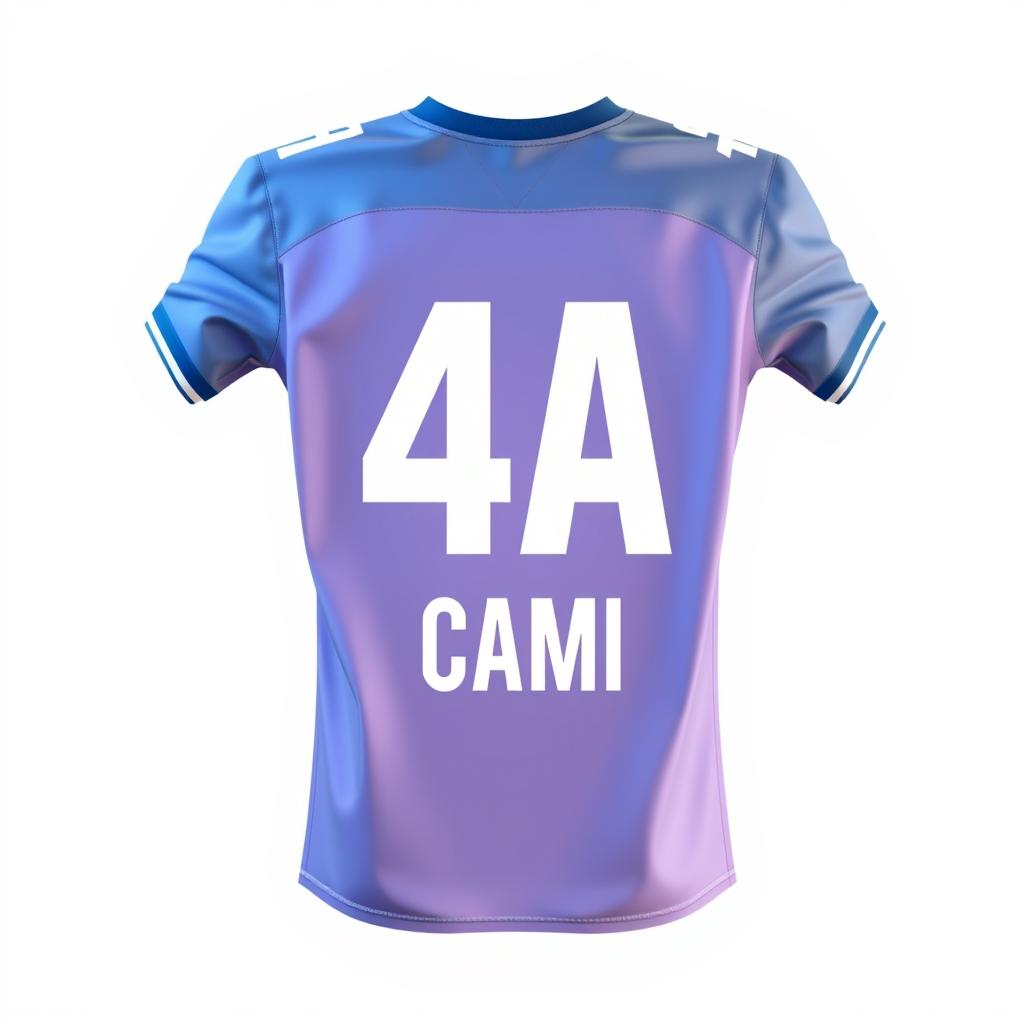 A stylish and trendy sports jersey in blue with a gradient that transitions to light purple and then to white