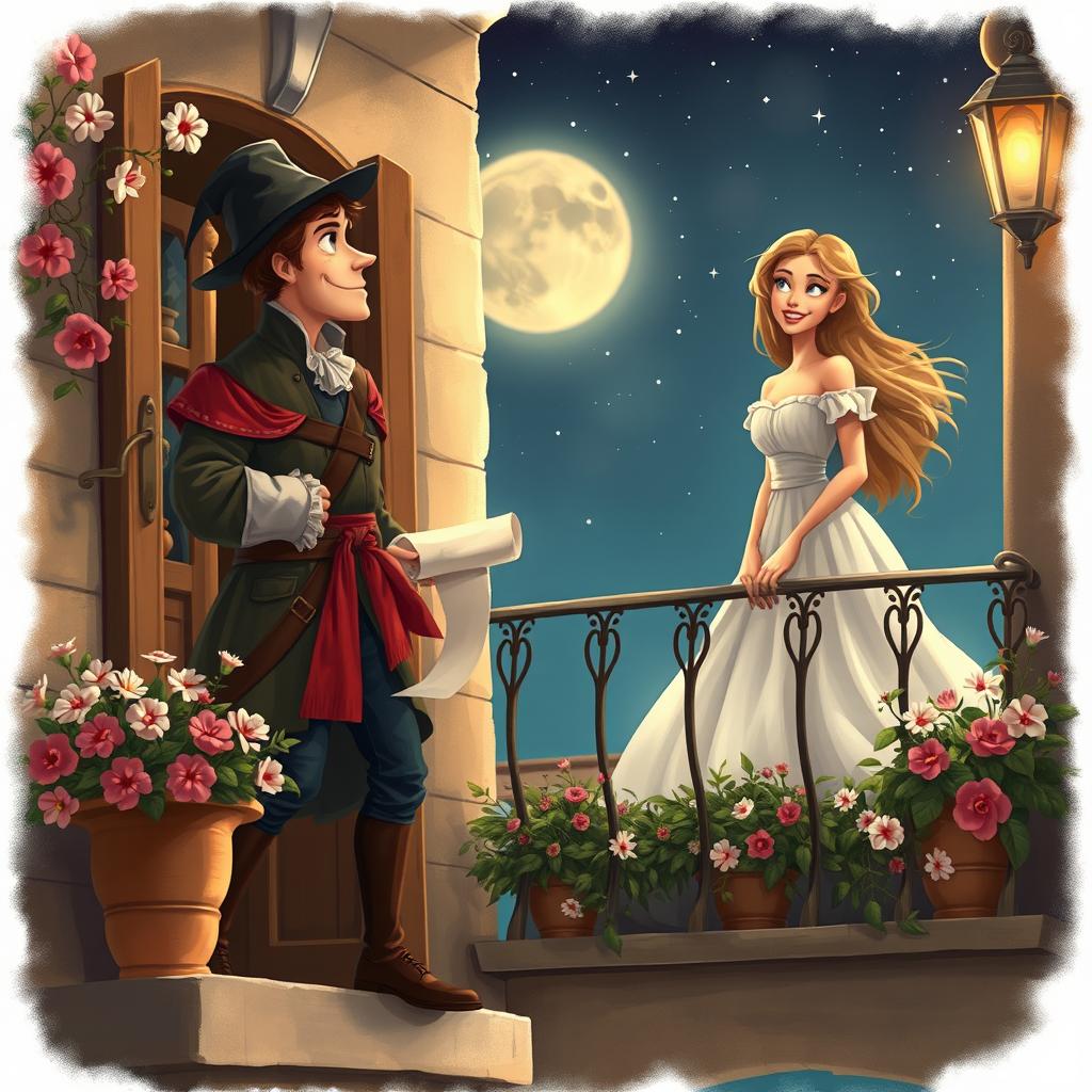 A whimsical scene depicting a late messenger arriving at the balcony of Juliet, who stands excitedly waiting for Romeo