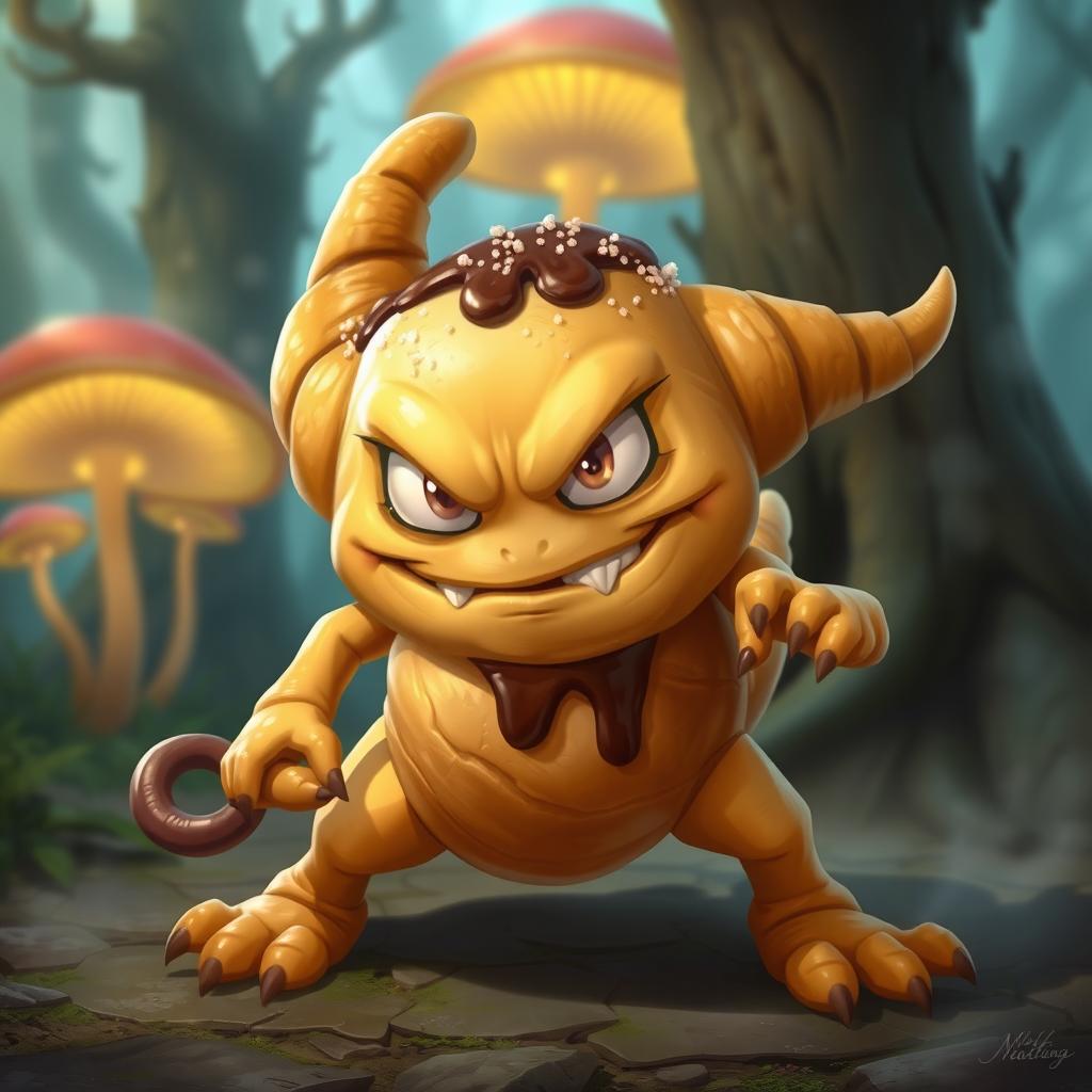 An animated pastry creature called 'Sweetling', depicted as a whimsical but fierce fantasy monster in a Dungeons and Dragons setting