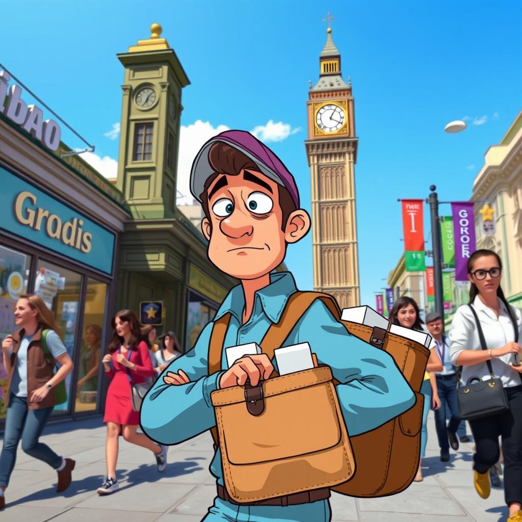 A scene depicting a messenger character looking flustered and in a rush, arriving late at a bustling urban location