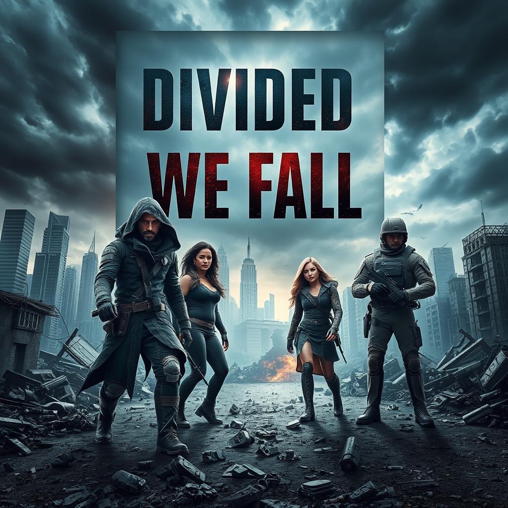 A striking book cover for the title 'Divided We Fall', featuring an intense and dramatic dystopian scene