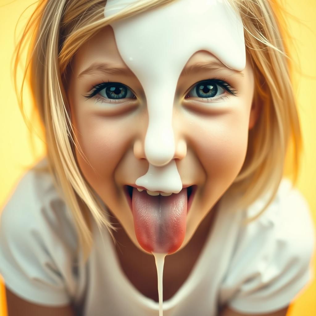 A cute blonde girl kneeling with her mouth open in a close-up shot, her eyes playfully crossed and her tongue sticking out
