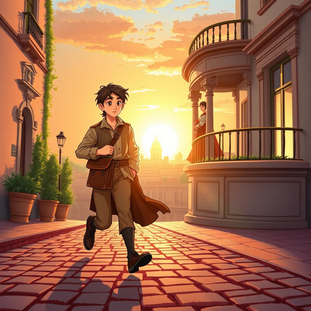 An illustration of a vintage messenger arriving late to deliver a message to Romeo, set in a romantic, classical city scene