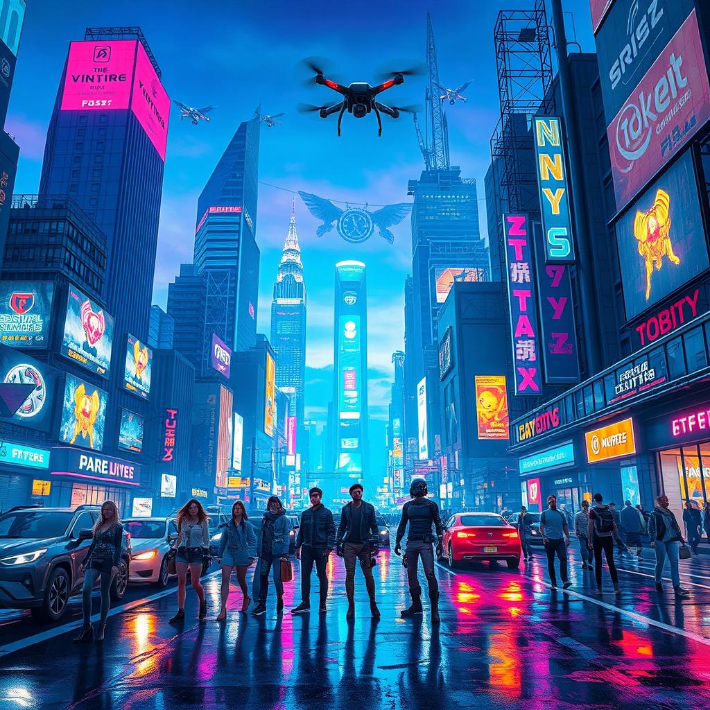 A vibrant cyberpunk cityscape at night, featuring neon lights illuminating the towering skyscrapers and bustling streets filled with futuristic vehicles and pedestrians
