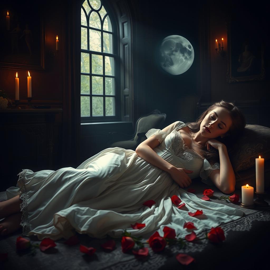 A dramatic and poignant scene depicting Juliet from Shakespeare's 'Romeo and Juliet' in the moment of her tragic decision