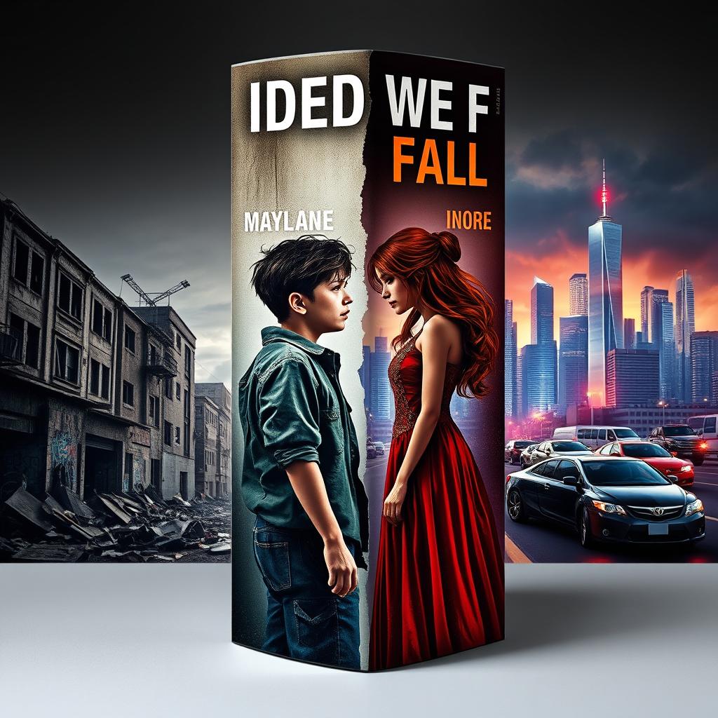 A captivating book cover for the dystopian novel titled 'Divided We Fall', illustrating the stark divide between a poor and a rich society