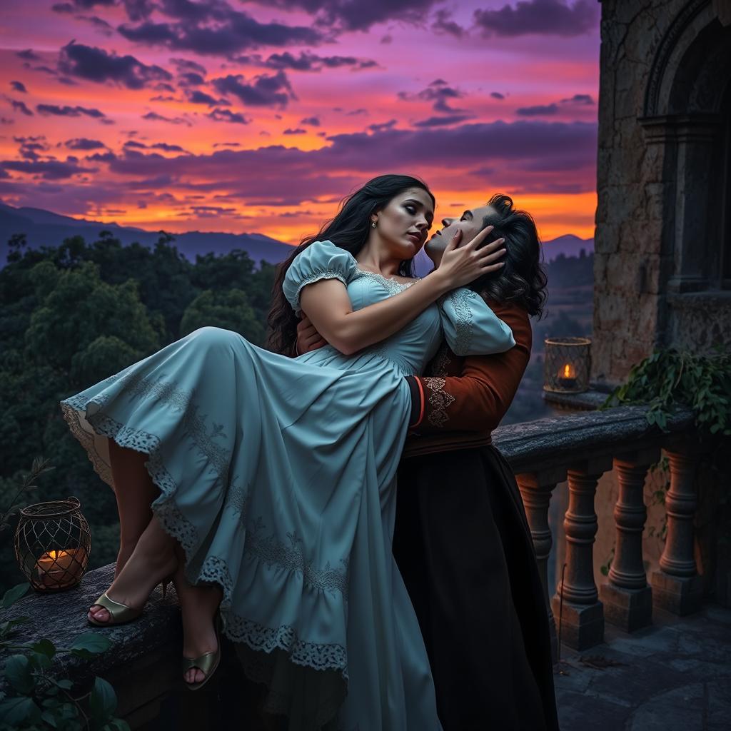 A dramatic and emotional scene depicting Romeo and Juliet in a tragic moment together