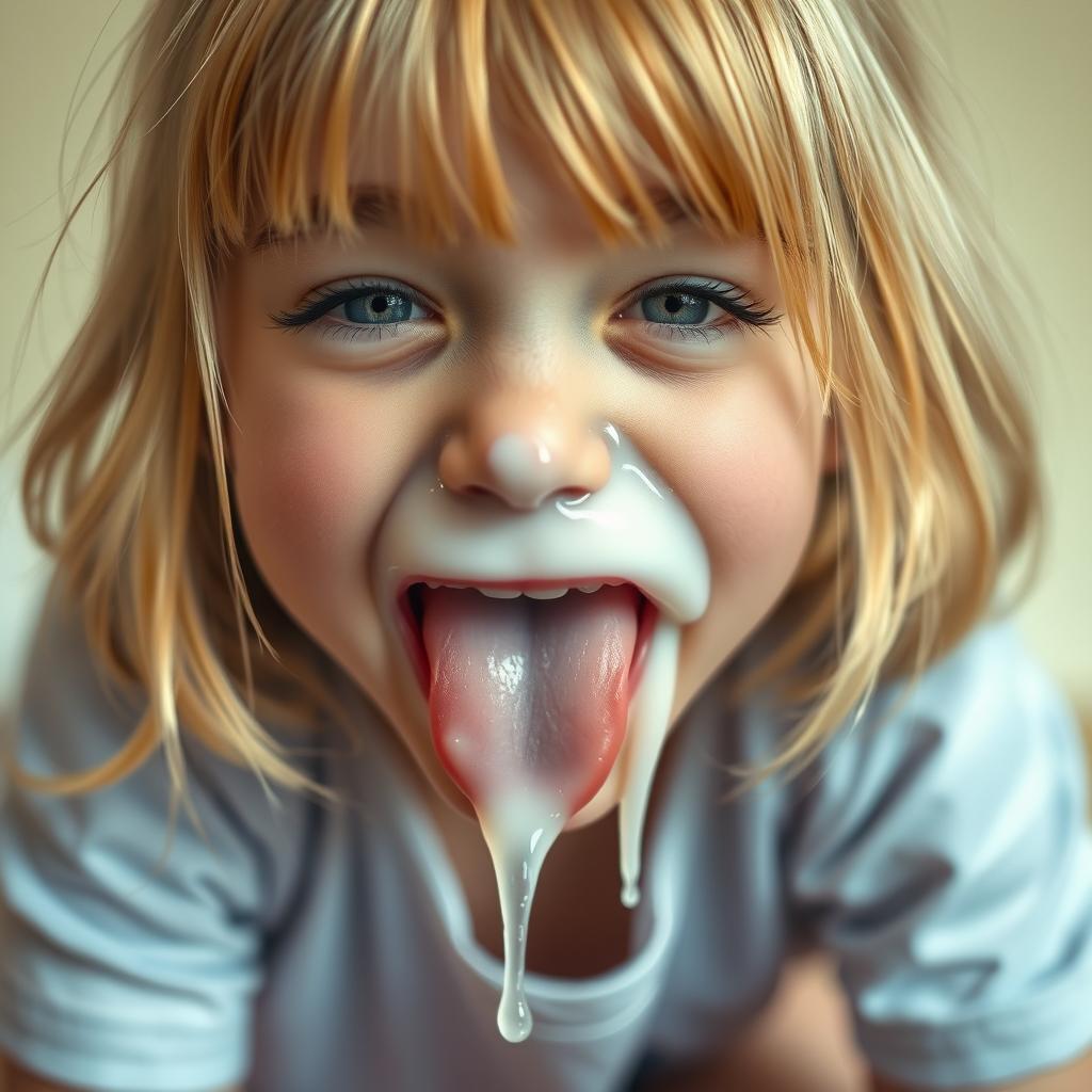 A cute blonde girl kneeling with her mouth open in a close-up shot, her eyes crossed playfully and her tongue sticking out